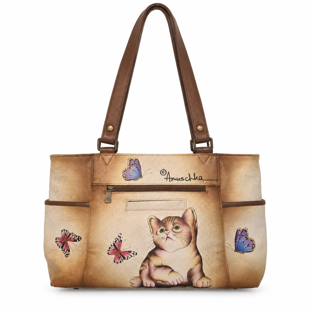 Anuschka Tote Bag Tan Brown Cat Butterfly Womens Hand Painted Leather Handbag